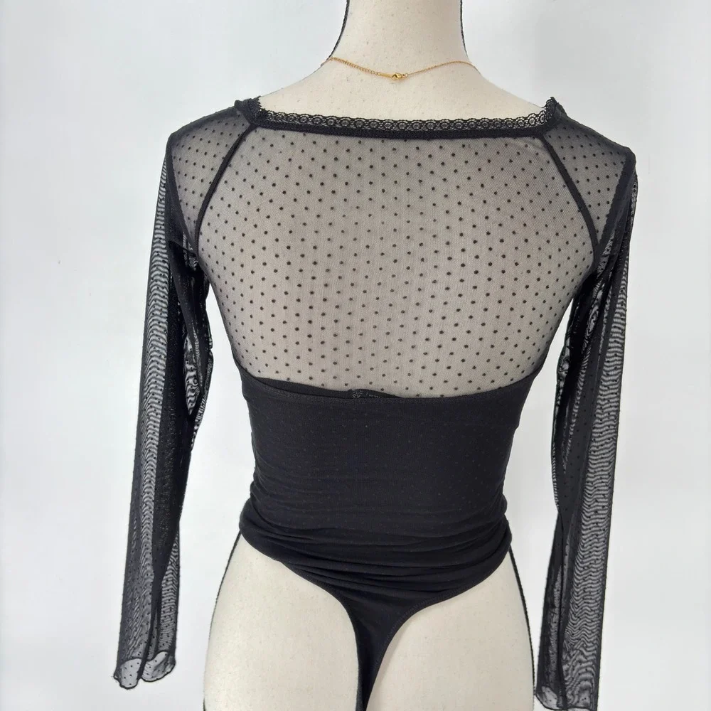 Abercrombie &‎ Fitch Bodysuit XS Black Long Sleeve Mesh Polka Dot Lace  Trim